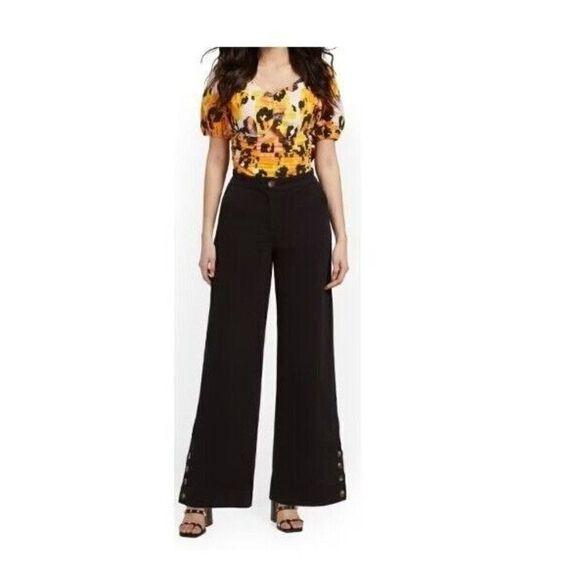 New York & Co Twill Wide-leg Button Slit Cropped Pants, Black; Size 10 - Picture 2 of 8